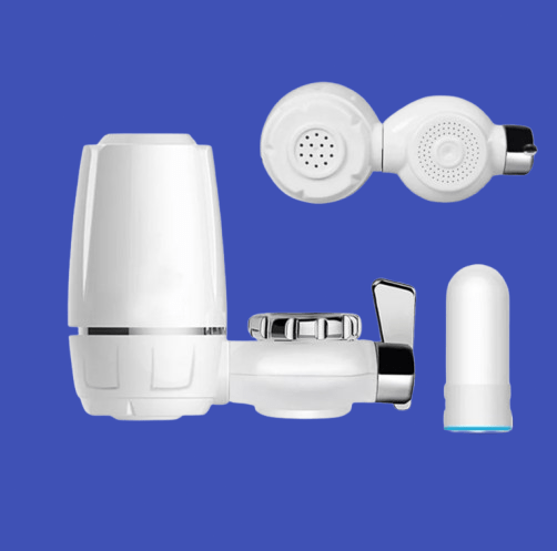 Filtro purificador de agua innovagizmo en color blanco, muestra el diseño y filtro de alta calidad para eliminar impurezas.