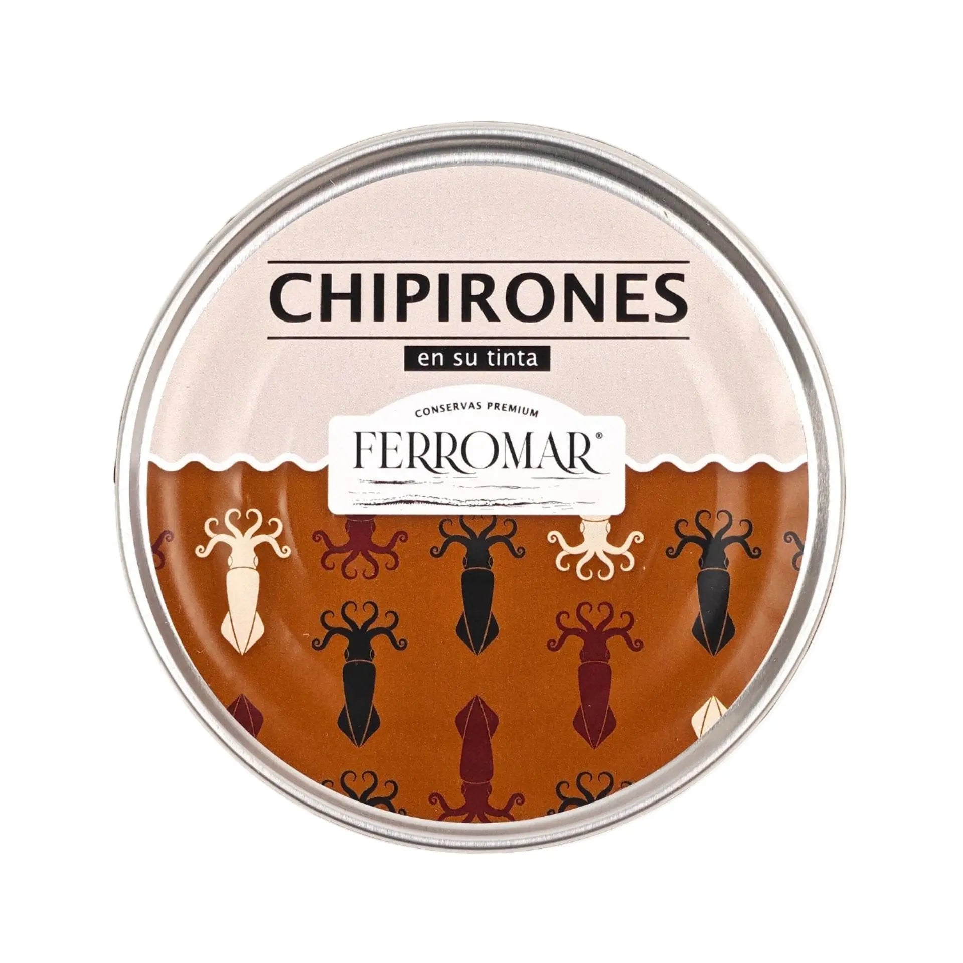 Chipirones en su tinta Conservas FerroMar enlatados, presentación en lata con chipirones pequeños en salsa de tinta negra.