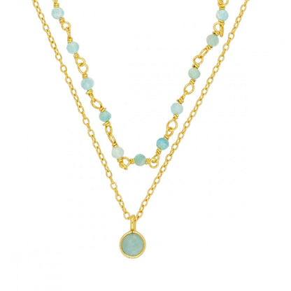 Gargantilla 'Sophia' de Amazonita, joya de collar largo con piedras verdes, estilo bohemio y detalles naturales en la imagen.