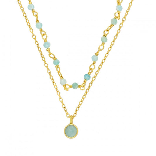 Gargantilla 'Sophia' de Amazonita, joya de collar largo con piedras verdes, estilo bohemio y detalles naturales en la imagen.