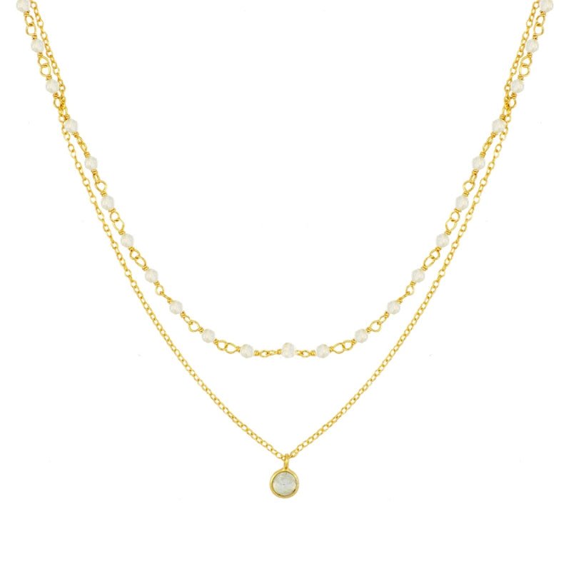 Gargantilla 'Sophia' de piedra de luna de Mystical Tienda, con cadena delicada y piedra brillante, en un fondo neutro.