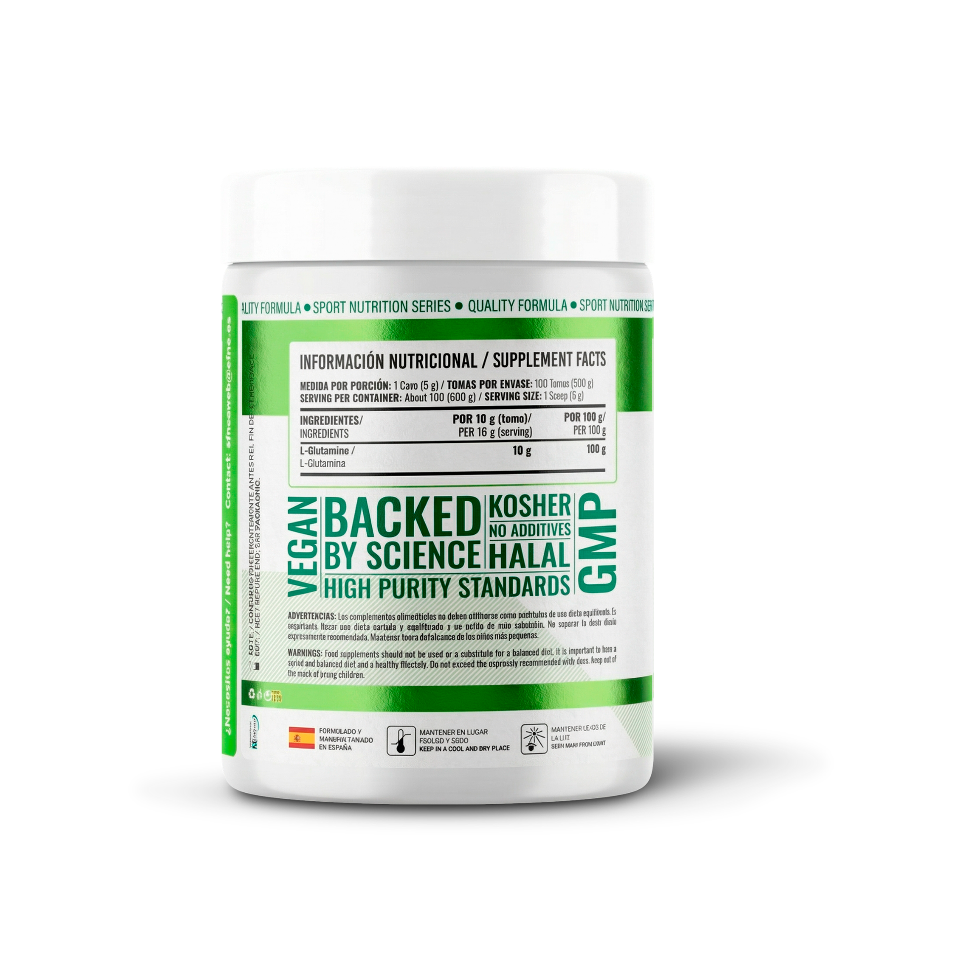 Suplemento de L-Glutamina pura EFNE en polvo, 500g, ideal para recuperación muscular y salud intestinal, de calidad Kyowa.