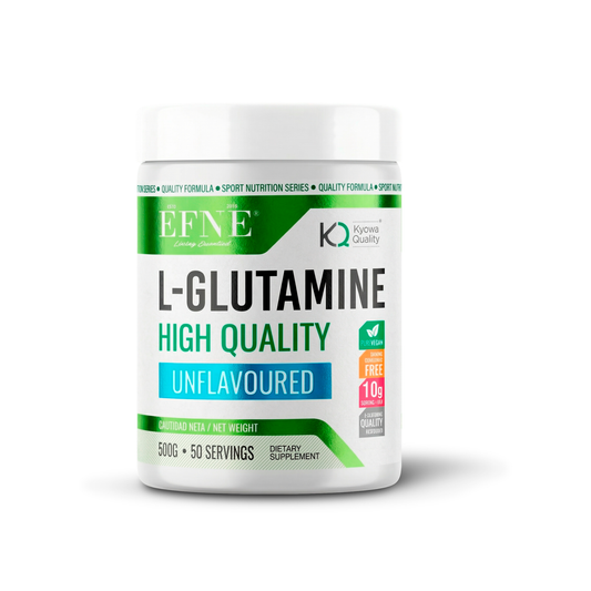 Suplemento de L-Glutamina pura EFNE de 500g, ideal para recuperación muscular y salud intestinal, en envase neutro.