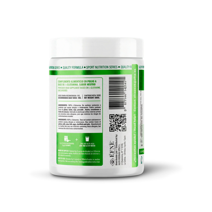 Suplemento de L-Glutamina pura EFNE, 500g, con calidad Kyowa, para recuperación muscular y salud intestinal, imagen frontal.