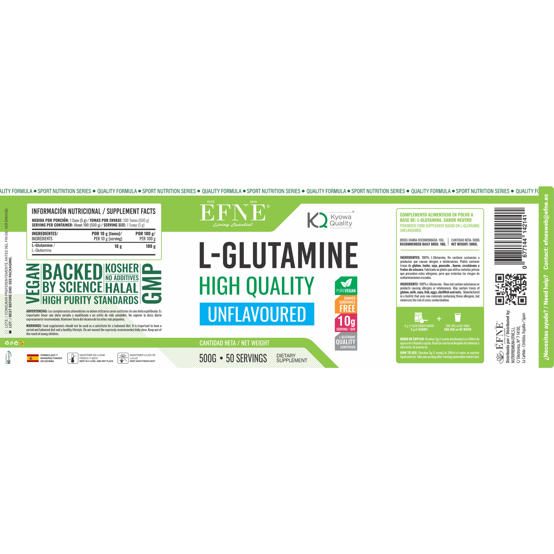 Suplemento de L-Glutamina pura EFNE, calidad Kyowa, 500g, para recuperación muscular y salud intestinal, vista frontal neutra.