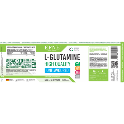 Suplemento de L-Glutamina pura EFNE, calidad Kyowa, 500g, para recuperación muscular y salud intestinal, vista frontal neutra.