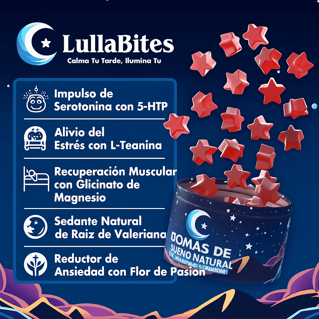 Gomitas LullaBites® para mejorar el sueño, sin melatonina, en envase con gomitas de sabor natural y reparador.