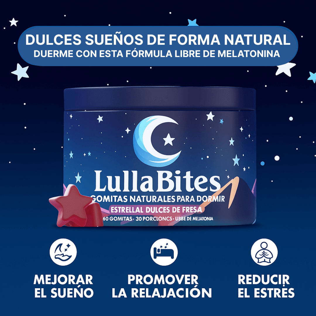 Gomitas LullaBites® para mejorar el sueño, sin melatonina, con ingredientes naturales, en envase con gomitas de sabor agradable