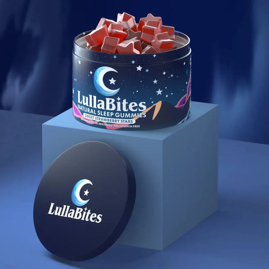 Gomitas LullaBites de Innovagizmo para mejorar el sueño natural y reparador, sin melatonina, en un frasco con gomitas.