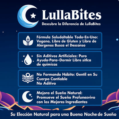 Gomitas LullaBites® para mejorar el sueño, sin melatonina, en envase con gomitas de sabor natural y reparador.