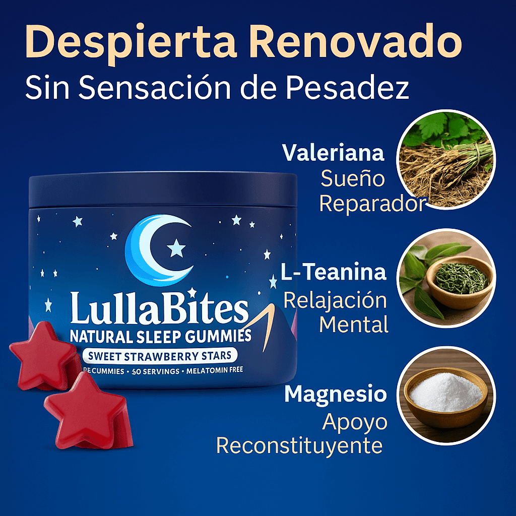 Gomitas LullaBites® para mejorar el sueño natural y reparador sin melatonina, en envase con gomitas de sabor agradable.