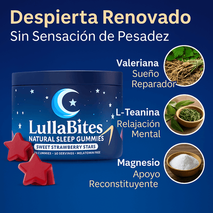 Gomitas LullaBites® para mejorar el sueño natural y reparador sin melatonina, en envase con gomitas de sabor agradable.
