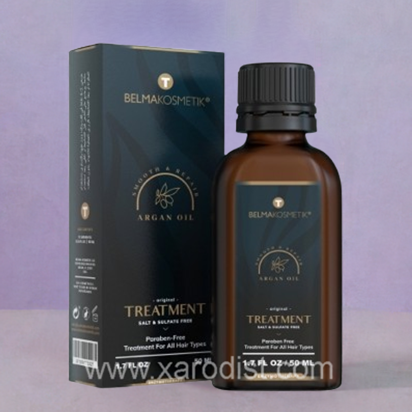 Sérum de aceite de argán Belma kosmetik-XARODIST, frasco de 50 ml con botella de vidrio y gotero para cuidado facial.