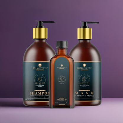 Kit de cuidado capilar XARODIST Belma kosmetik con champú, mascarilla y serum de aceite de argán para cabello saludable.
