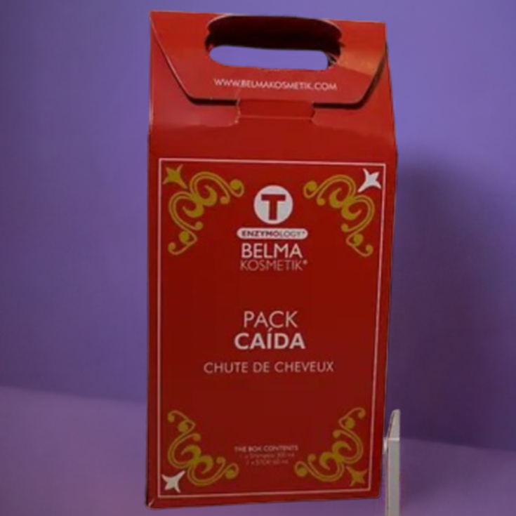 Caja de productos XARODIST Belma Kosmetik para cuidado capilar anti-caída, incluye champú y tratamiento intensivo para fortalecer el cabello.