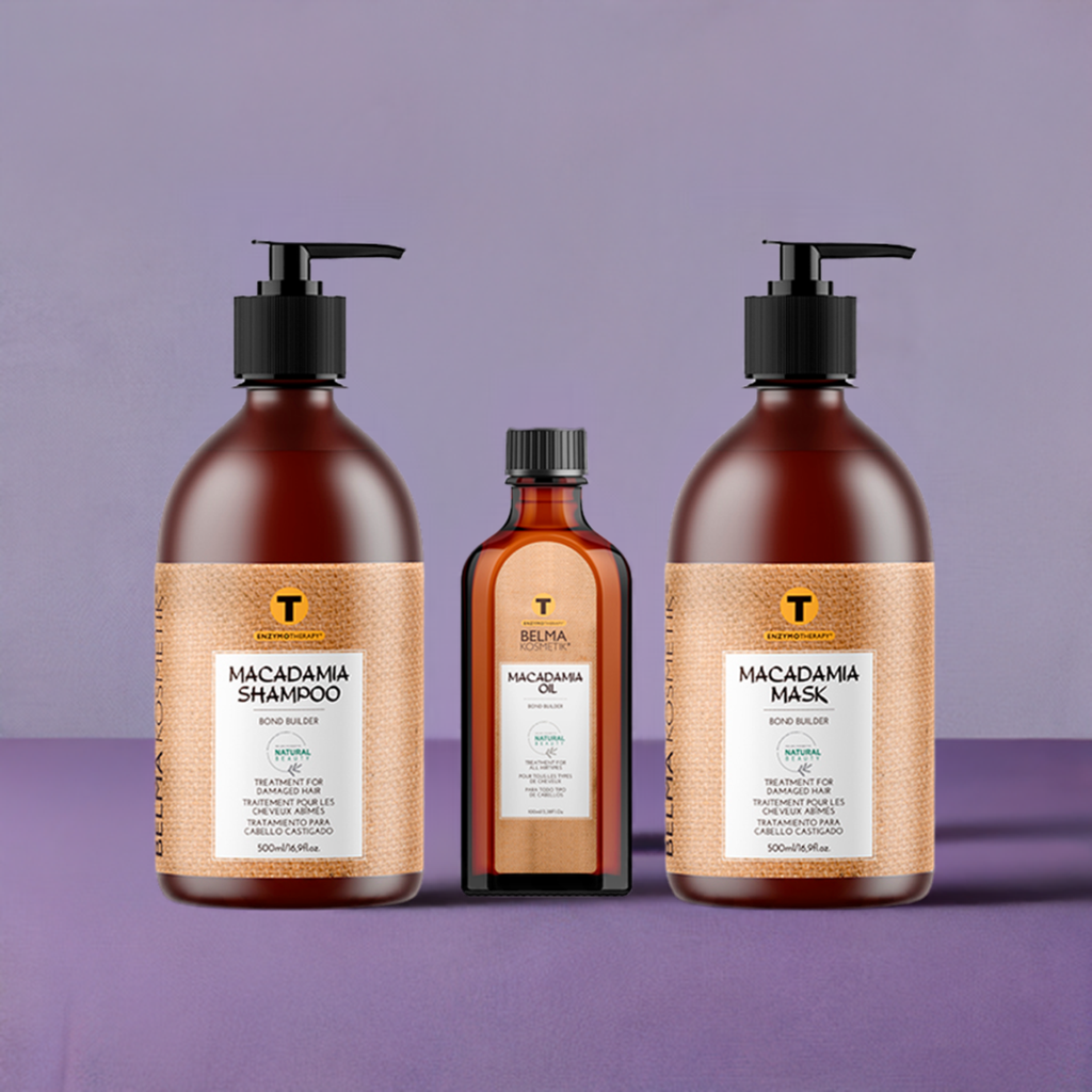 Kit de cuidado capilar XARODIST Belma kosmetik con champú, mascarilla y serum de aceite de macadamia para cabello saludable.