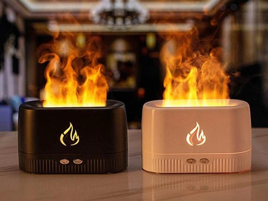 Humidificador Innovagizmo con efecto llamas, difusor de vapor con diseño de llamas en color negro y detalles de agua en la parte superior.