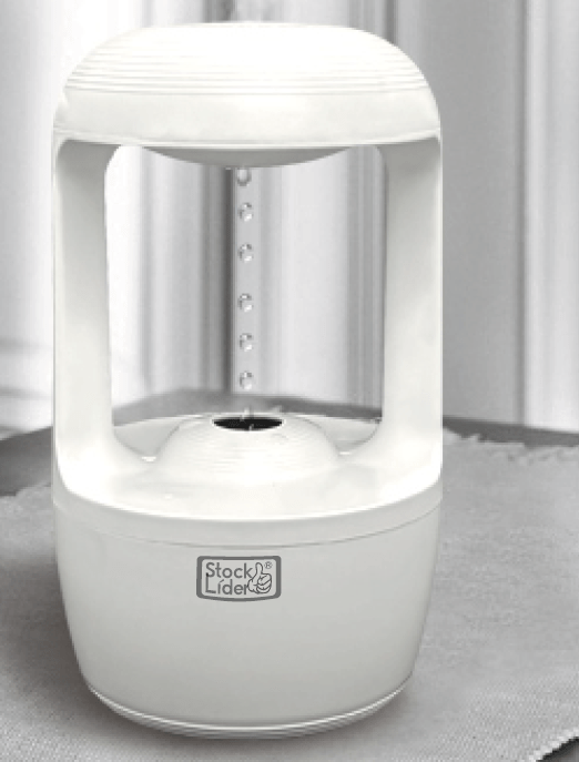 Humidificador gotas antigravedad de innovagizmo, con diseño innovador y gotas que caen en un ambiente de hogar o oficina.