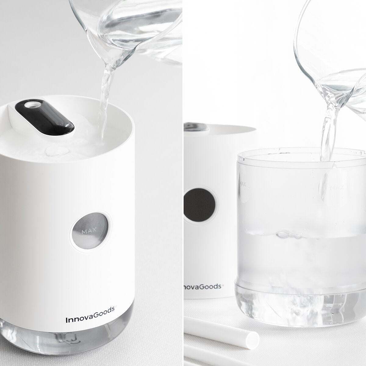 Humidificador ultrasónico recargable Vaupure de Innovagizmo, con diseño compacto y panel de control en la parte superior.