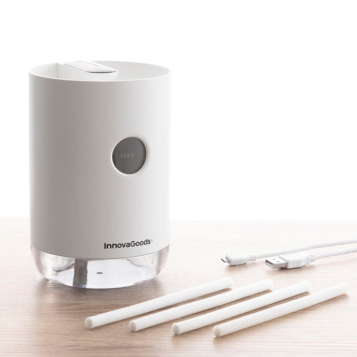 Humidificador ultrasónico recargable Vaupure de Innovagizmo con diseño compacto y difusor de vapor en color blanco.