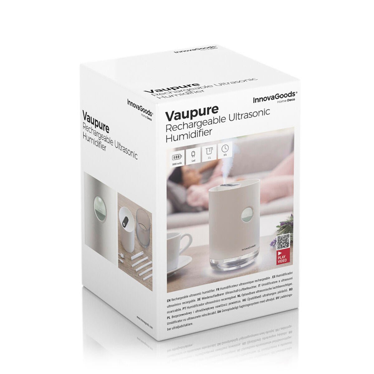 Humidificador ultrasónico recargable Vaupure de Innovagizmo con diseño compacto y botón de control visible en la imagen.