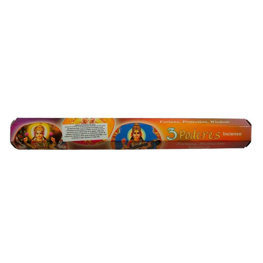 Incienso en varilla de la marca Mystical Tienda, 3 Poderes para fortuna, protección y sabiduría, en empaque individual.