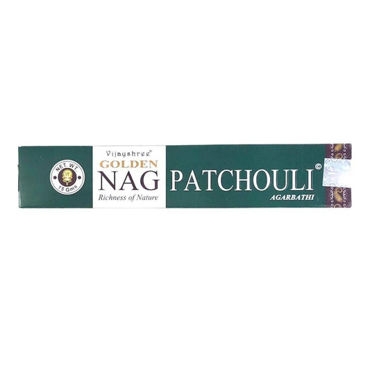 Incienso en varilla Golden Nag Patchouli de Mystical Tienda, aroma suave y aromático con notas de pachulí para ambientar el hogar.