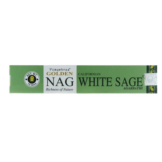 Incienso en varilla Golden Nag Salvia Blanca de Mystical Tienda, varillas aromáticas blancas para rituales y meditaciones.