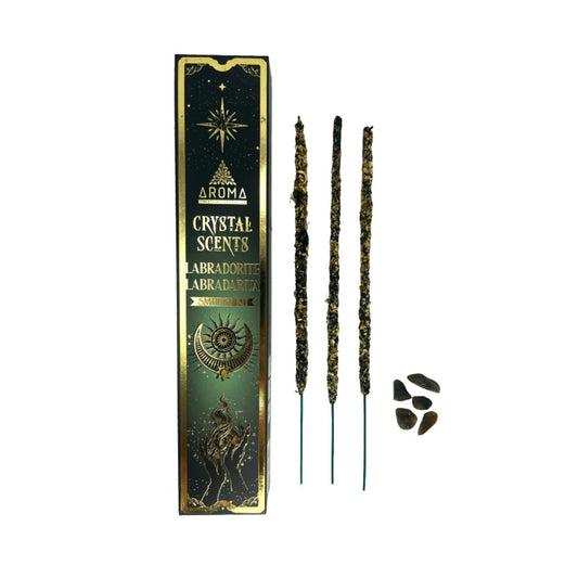 Incienso en varilla Labradorita de Crystal Scents Aroma, empaquetado elegante con cristales de labradorita.
