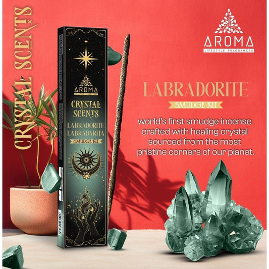 Incienso en varilla Labradorita de Crystal Scents Aroma, con cristales de labradorita y aroma relajante, ideal para meditación y ambiente.