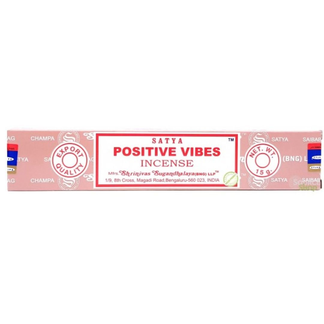 Incienso Satya Positive Vibes en varillas, aroma relajante y energizante, para ambientes armoniosos y positivos.