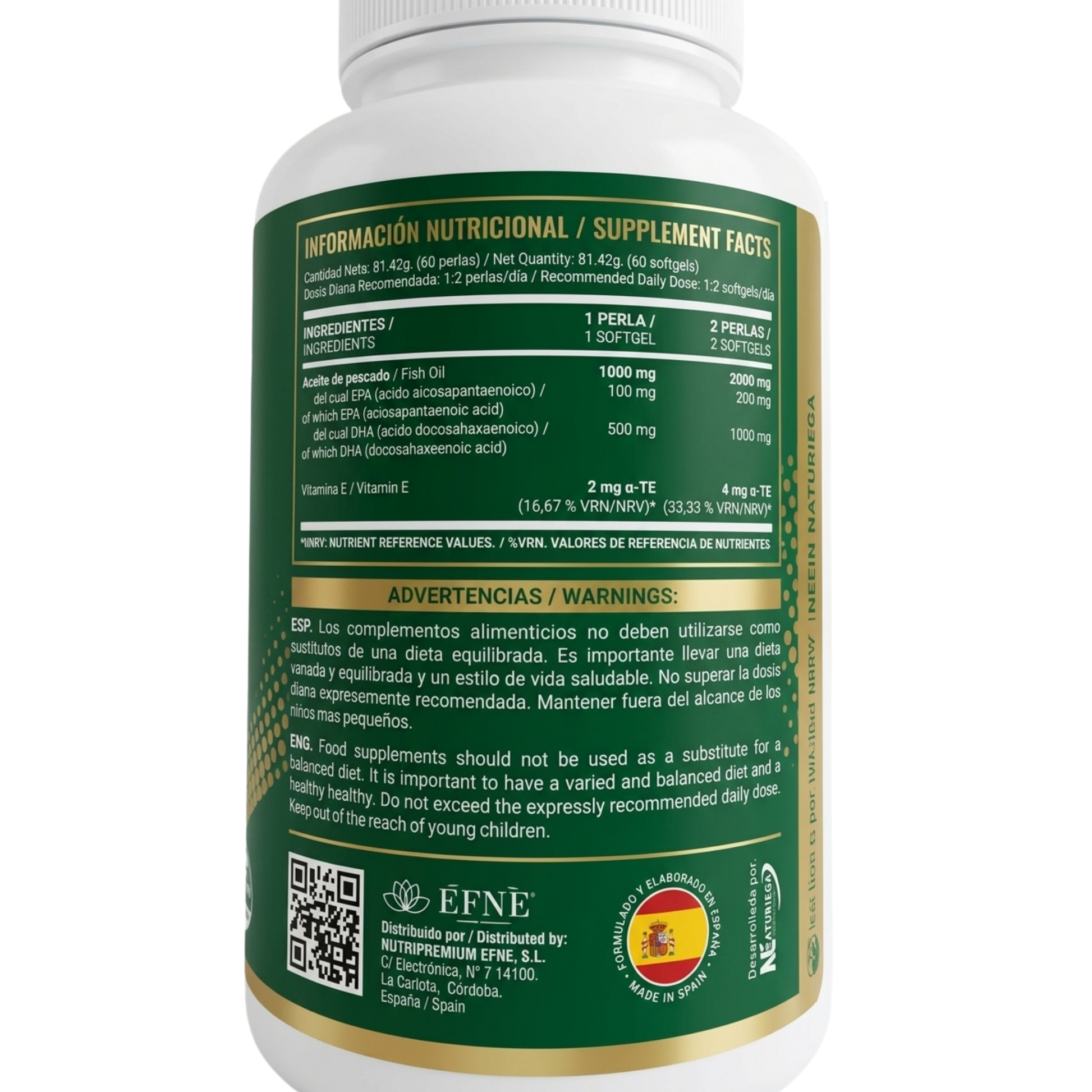 Suplemento de Omega 3 DHA Plus EFNE en perlas con certificación IFOS, forma de triglicérido (TG) y ingredientes de calidad.