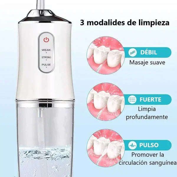 Irrigador dental portátil recargable para toda la familia, con boquilla y pantalla, ideal para limpiar encías y dientes.