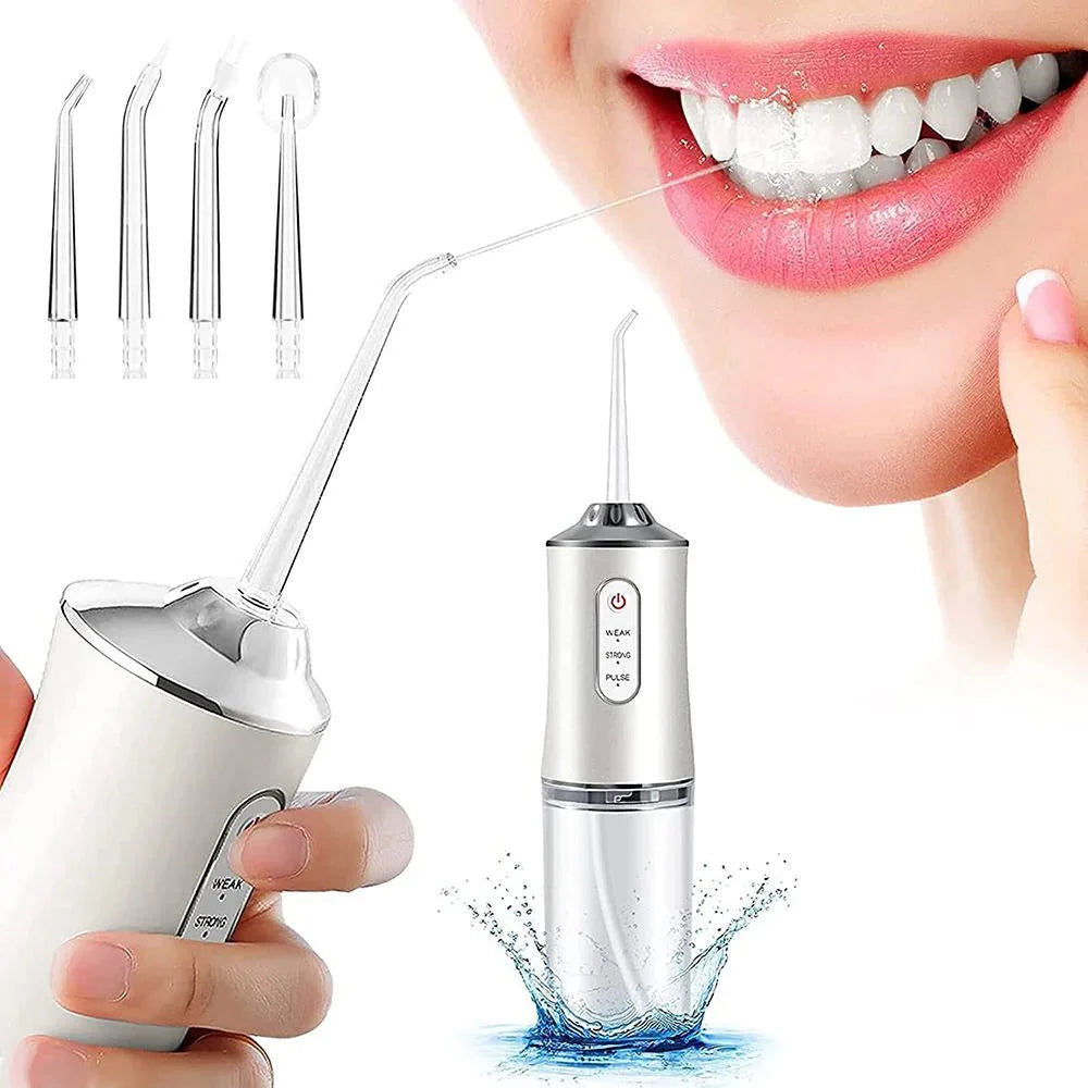 Irrigador dental portátil recargable para toda la familia, con boquilla y diseño compacto para limpiar y refrescar la sonrisa diaria.