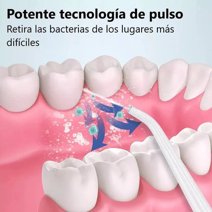 Irrigador dental portátil recargable para toda la familia, con boquillas y diseño compacto para una limpieza bucal efectiva.
