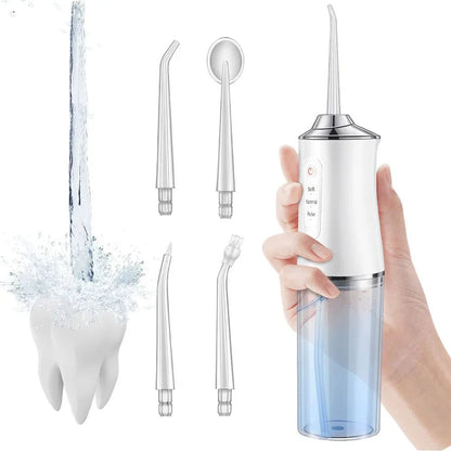 Irrigador dental portátil recargable para toda la familia, con boquillas y diseño compacto para limpieza bucal diaria.