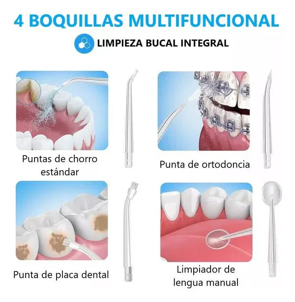 Irrigador dental portátil recargable para toda la familia, con boquillas y diseño compacto para limpiar encías y dientes.