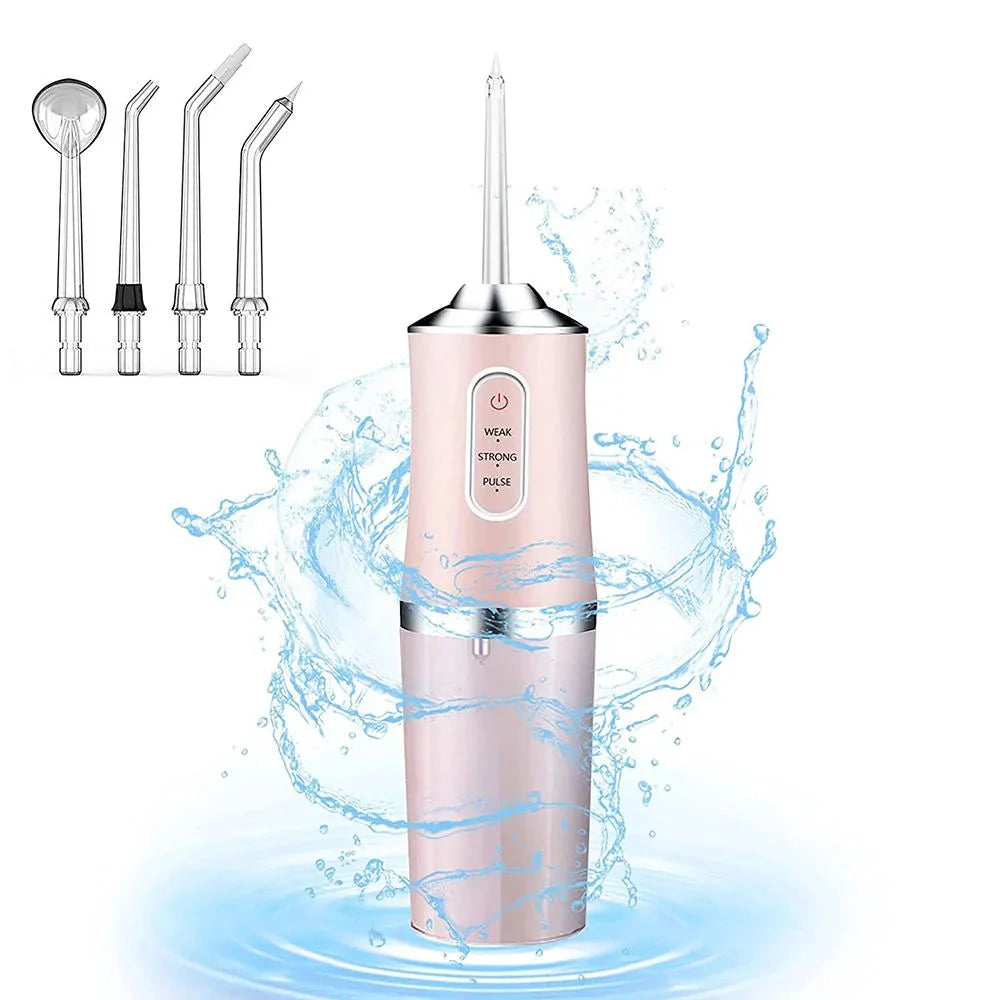 Irrigador dental portátil recargable para toda la familia, muestra boquilla y diseño compacto en color blanco y azul.