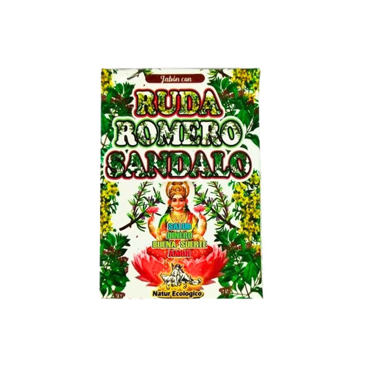 Esencia de jabón de Ruda, Romero y Sándalo en envase de Mystical Tienda, con ingredientes naturales y aroma herbal.