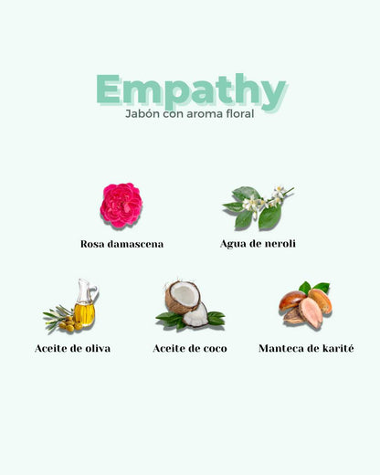 Jabón de ducha sólido ecológico BANBU EMPATHY con ingredientes florales, presentación del producto en su envase y ingredientes naturales