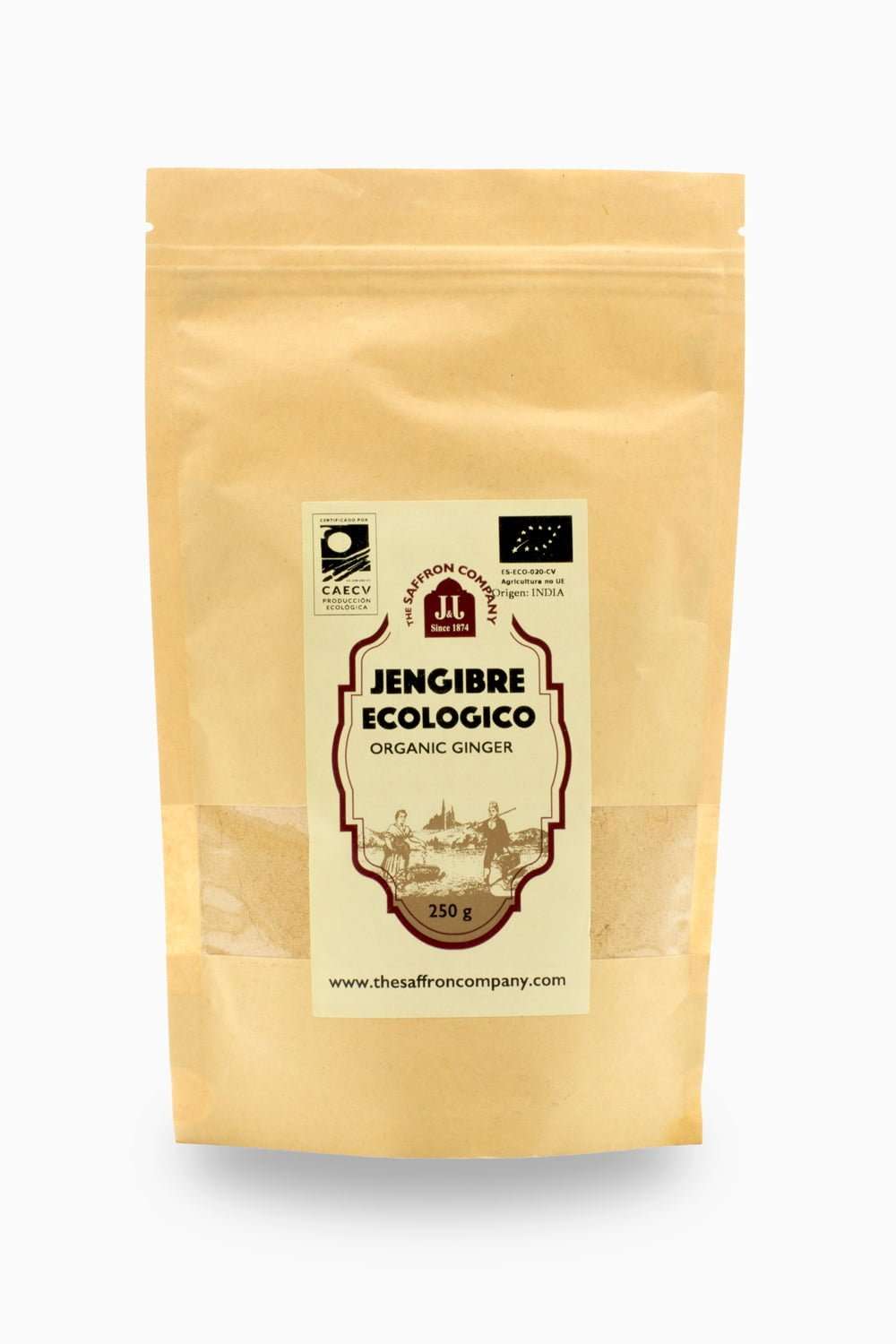Polvo de jengibre ecológico de la marca The Saffron Company JJ, muestra el polvo de jengibre en un recipiente.