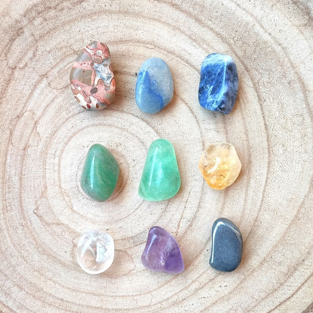 Kit de minerales para estudiar de Mystical Tienda, muestra varias gemas y minerales en un kit educativo.