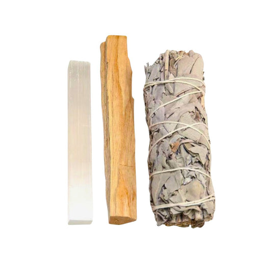 Kit de limpieza con salvia, selenita y palo santo para purificación espiritual, de Mystical Tienda.