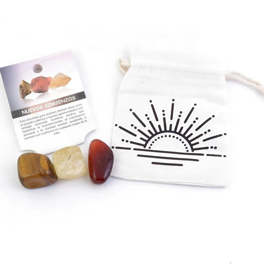 Kit de minerales "Nuevos Comienzos" de Mystical Tienda con tres minerales naturales para energizar y equilibrar.