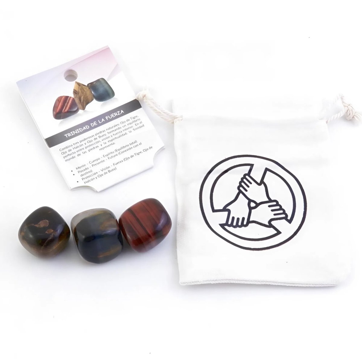 Kit de minerales Trinidad de la Fuerza de Mystical Tienda, muestra varias piedras coloridas y minerales en un conjunto completo.