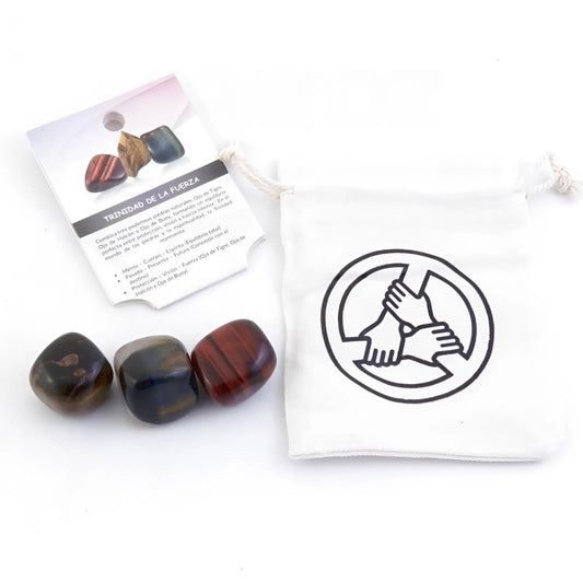 Kit de minerales Trinidad de la Fuerza de Mystical Tienda, muestra varias piedras coloridas y minerales en un conjunto completo.
