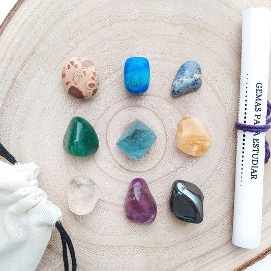 Kit de minerales para estudiar de Mystical Tienda, muestra minerales variados en un folleto con descripción.