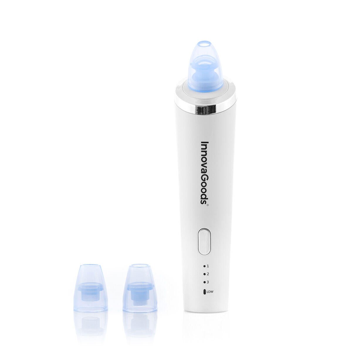 Limpiador facial eléctrico PureVac de innovagizmo para eliminar puntos negros, con cabezal extraíble y diseño compacto.