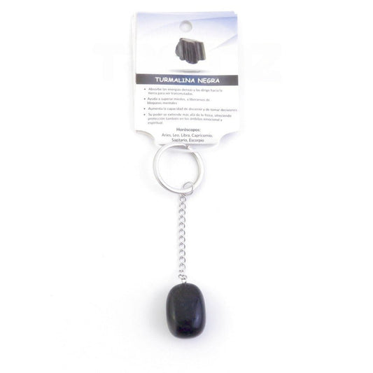 Llavero de rodado de turmalina negra para protección, con diseño elegante y detalles en el llavero de la marca Mystical Tienda.