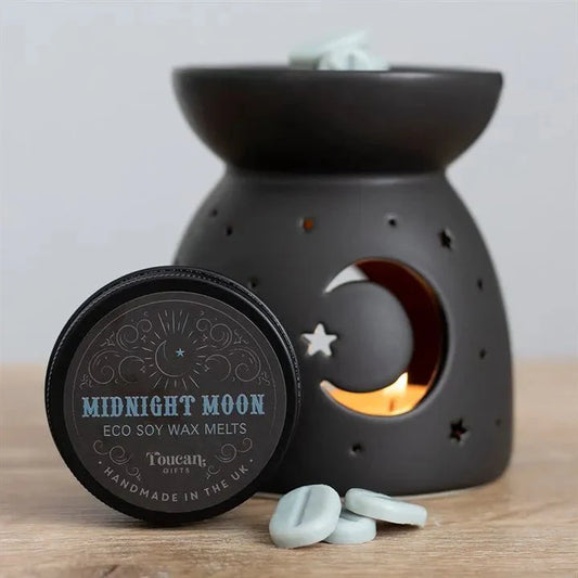 Cera fundida en forma de luna de medianoche de la marca Mystical Tienda, aroma relajante y nocturno para ambientes.